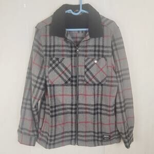 WESC grey plaid flannel sherpa collar shirt jacket Size Men L Women XL Cabincore
